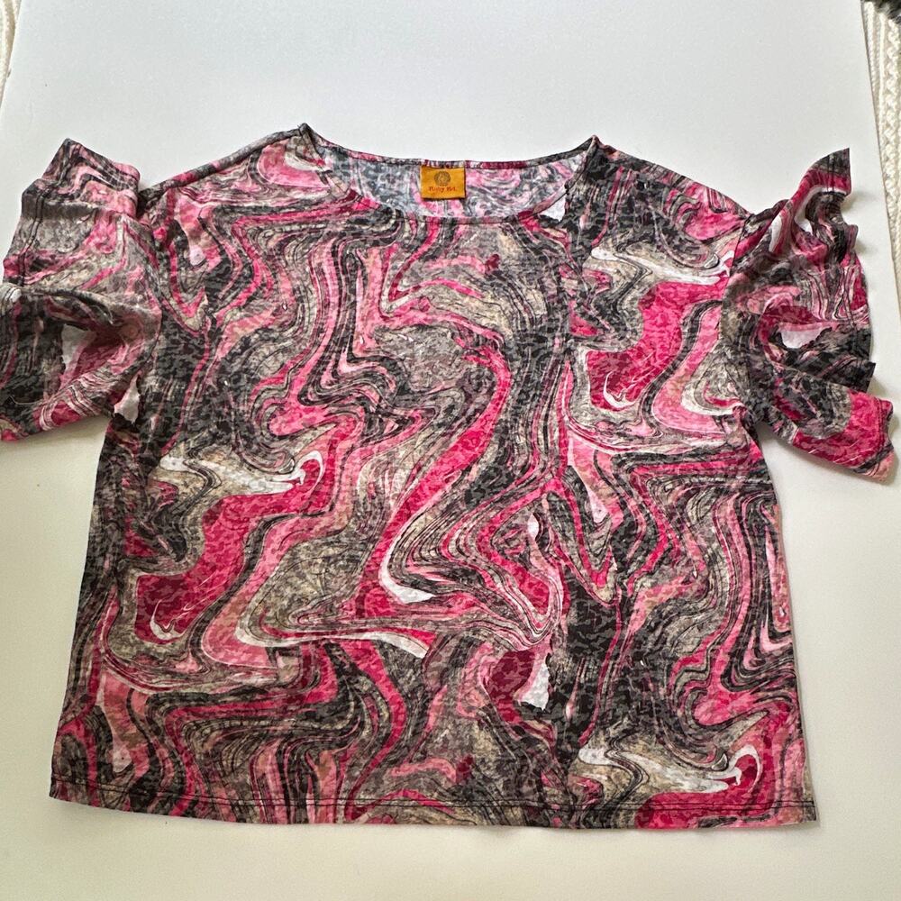 Ruby Rd. Womens Abstract Knit Blouse Pink Gray Black Round Neck Ruffle Sleeves